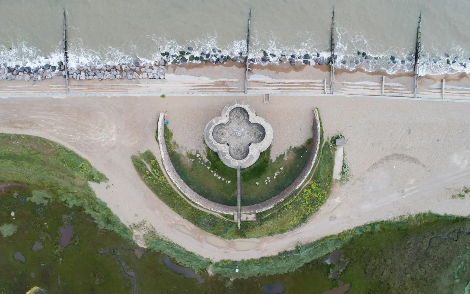 Aerial view of Martello Tower, between the River Alde and the sea at Aldeburgh