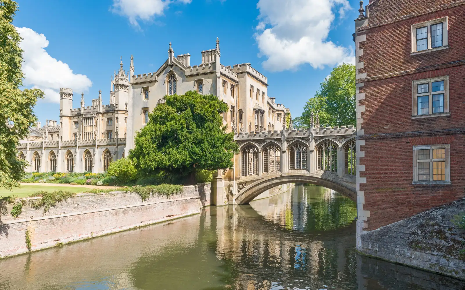 Picturesque view of St John's College Cambridge, with iconic bridge over the River Cam